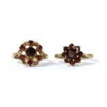 Two 9ct gold garnet cluster rings,