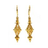 A pair of gold lantern style drop earrings,