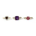 A 9ct gold amethyst ring and zircon ring,