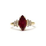 A gold fracture filled ruby and diamond ring,