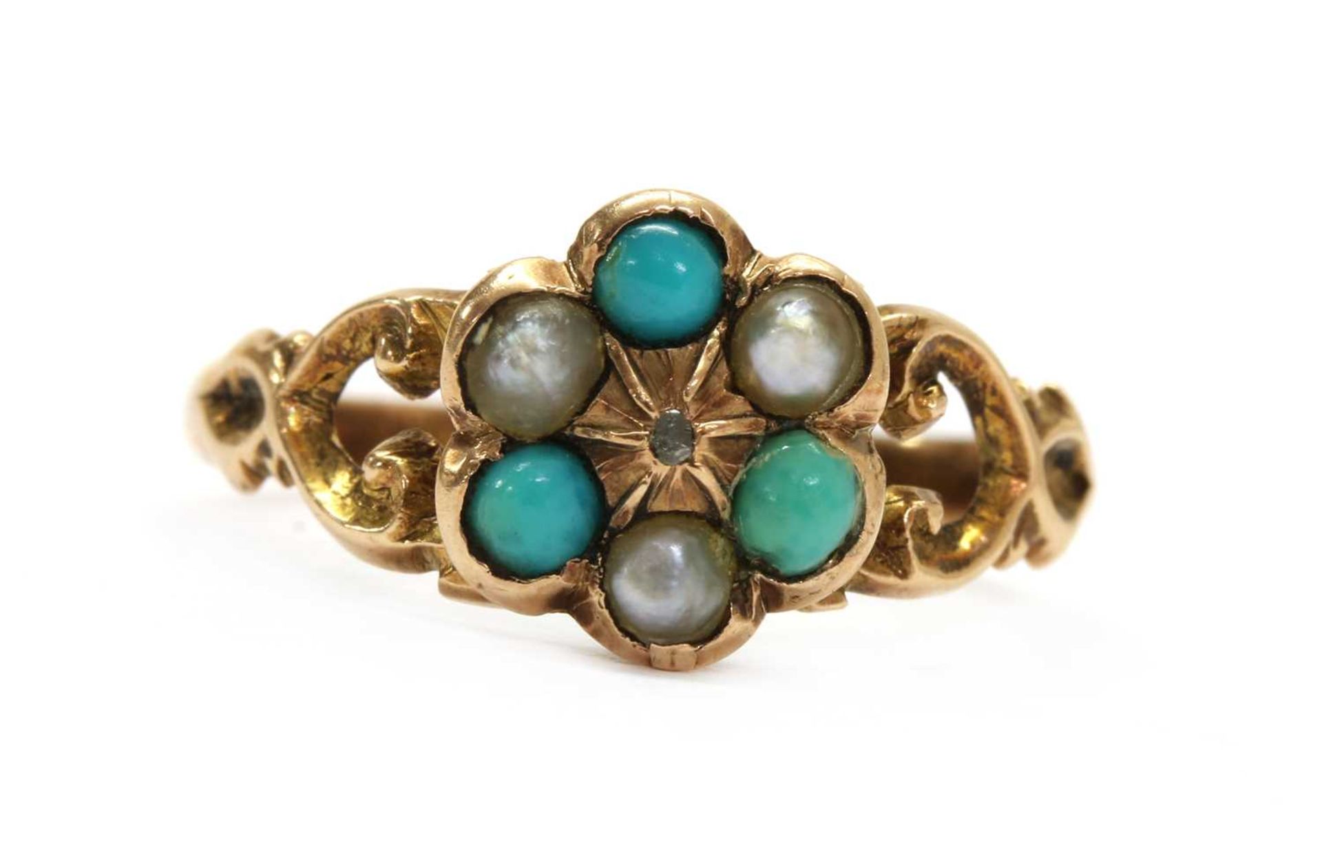 A Victorian gold diamond, turquoise and split pearl daisy cluster ring,