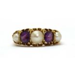 A gold split pearl and amethyst five stone ring,