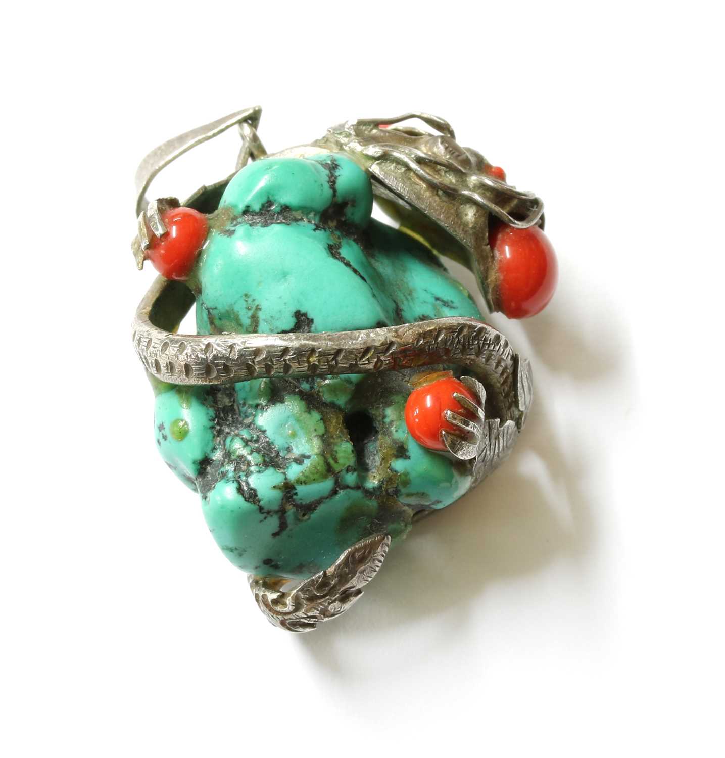 An Asian silver turquoise dragon pendant, - Image 3 of 3