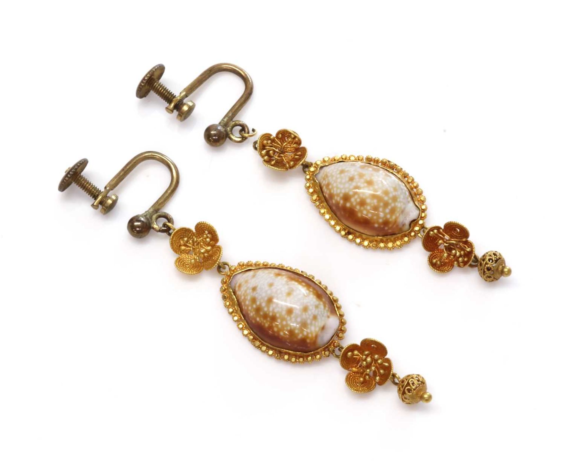 A pair of early Victorian cowry shell drop earrings, - Image 2 of 2