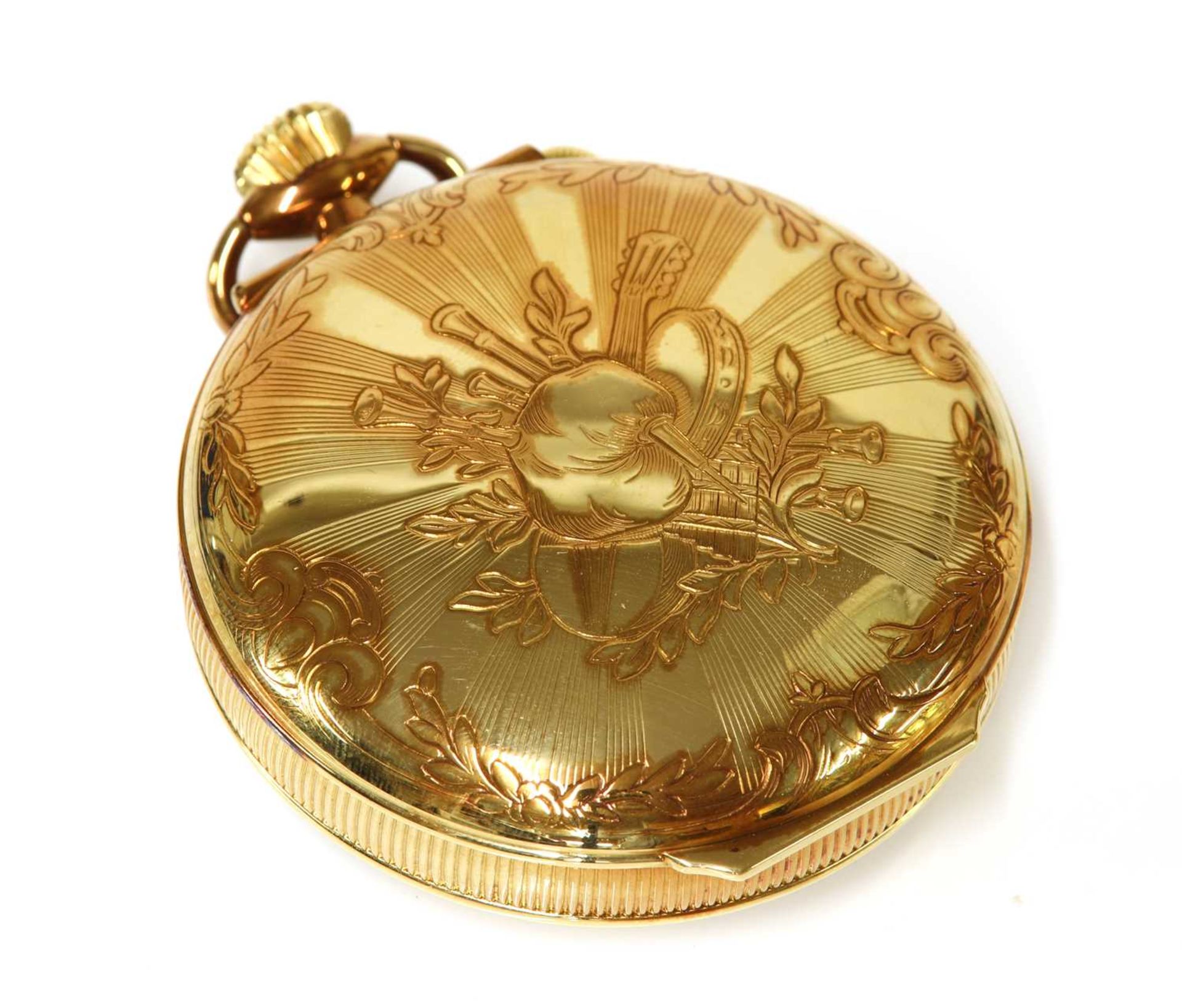A gold-plated Moeris Reuge à Sainte-Croix musical automaton open-faced alarm top wind pocket watch, - Bild 3 aus 5