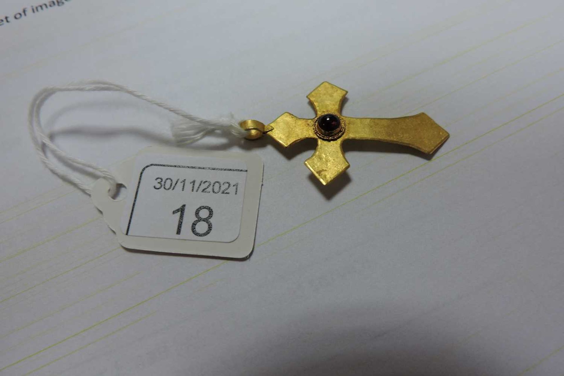 A Byzantine high carat gold garnet cross pendant, - Image 3 of 5