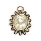 A cameo depicting a lady with her hair up, wearing a tiara or headdress,