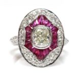 An Art Deco-style platinum diamond and ruby target cluster ring,