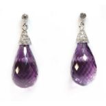 A pair of white gold amethyst and diamond drop earrings,