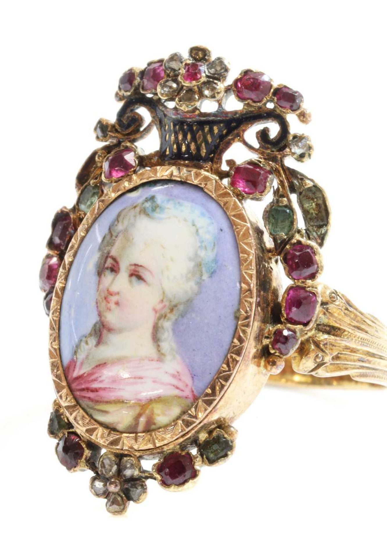 A Georgian ruby, emerald and diamond painted miniature giardinetti ring, - Image 3 of 4