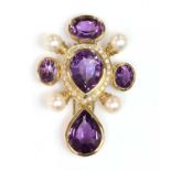 An amethyst, diamond and cultured pearl cruciform brooch,