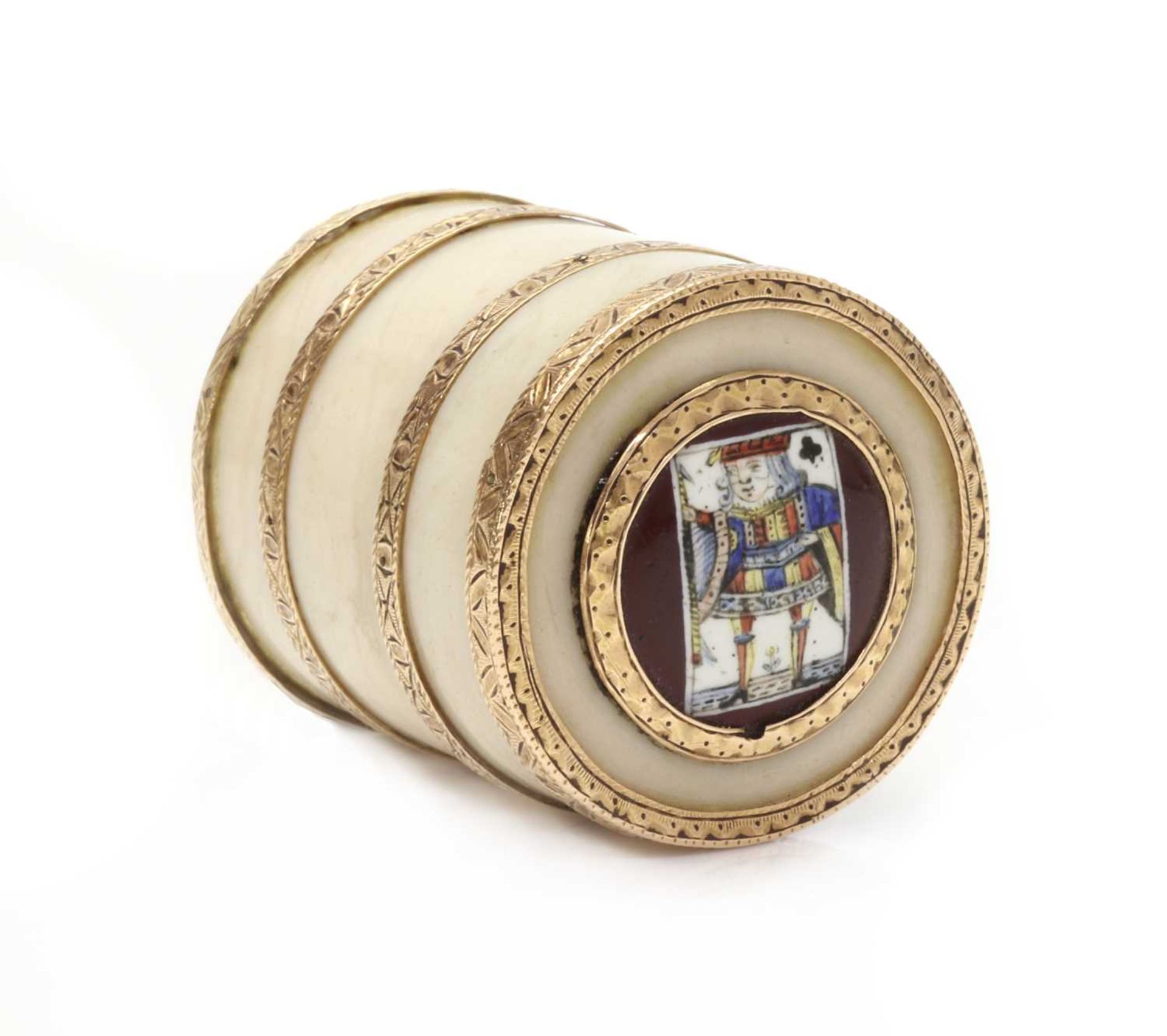 A George III carved ivory drum form box,