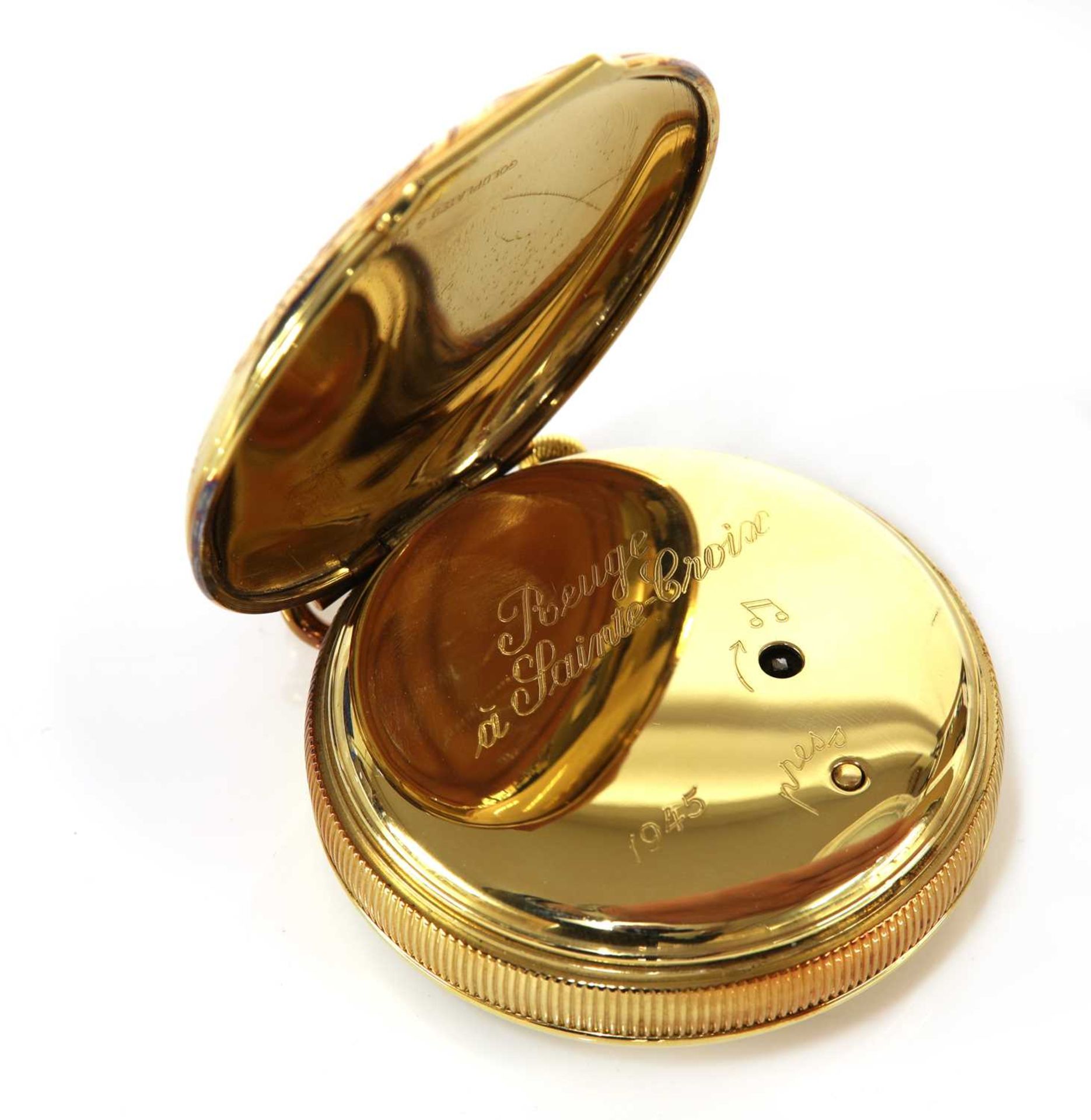 A gold-plated Moeris Reuge à Sainte-Croix musical automaton open-faced alarm top wind pocket watch, - Bild 5 aus 5