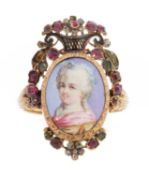 A Georgian ruby, emerald and diamond painted miniature giardinetti ring,