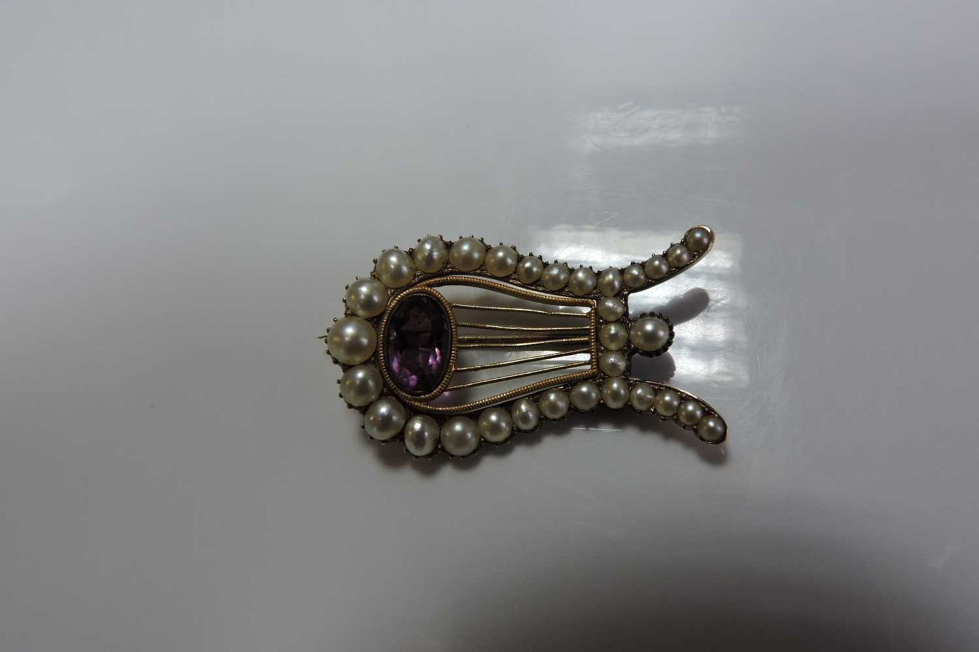 A Georgian paste and split pearl lyre brooch, - Image 5 of 5