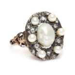 An oriental cultured freshwater pearl, cultured pearl and diamond oval cluster ring,