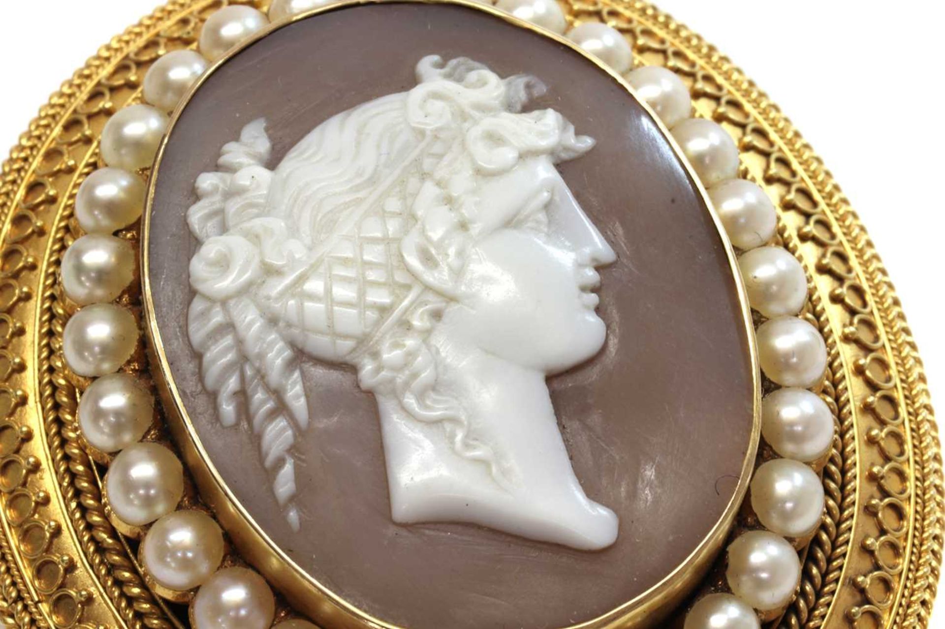 A Victorian gold archaeological revival, Etruscan style, shell cameo and split pearl brooch, c.1870, - Image 3 of 4