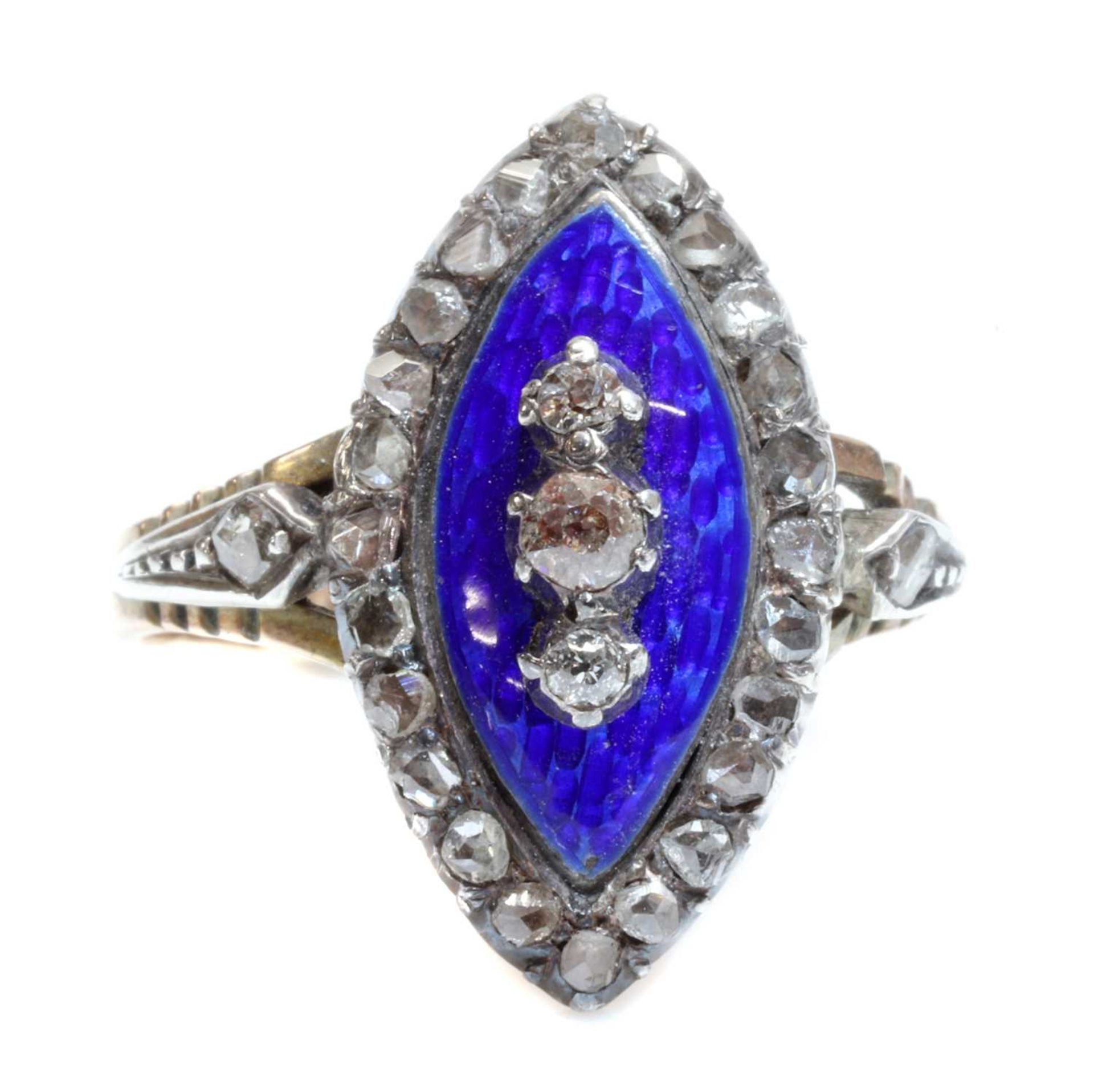 A Georgian diamond and enamel navette shaped ring, - Image 3 of 5