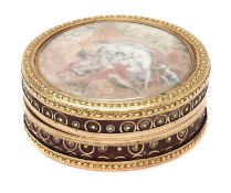A French circular gold piqué work tortoiseshell box, c.1780,