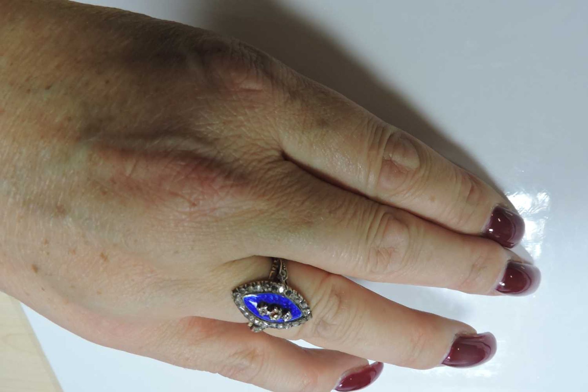 A Georgian diamond and enamel navette shaped ring, - Image 4 of 5