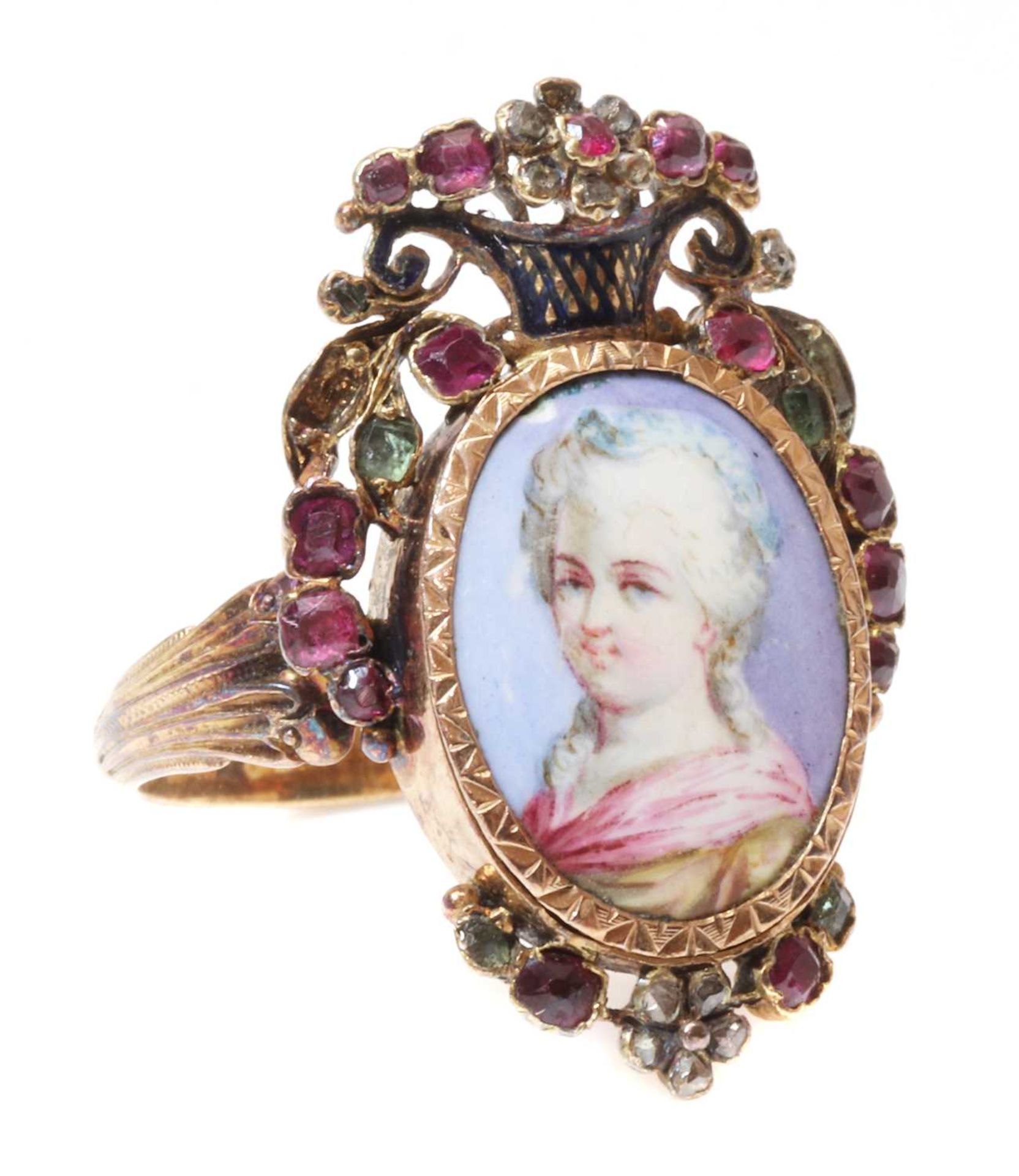 A Georgian ruby, emerald and diamond painted miniature giardinetti ring, - Image 4 of 4