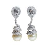 A pair of diamond and cultured pearl drop earrings,