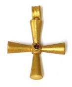 A Byzantine high carat gold garnet set hollow cross,