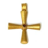 A Byzantine high carat gold garnet set hollow cross,