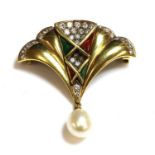 An 18ct gold diamond, cultured freshwater pearl and enamel brooch, c.1990