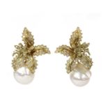 A pair of Continental cultured South Sea pearl and diamond earrings,