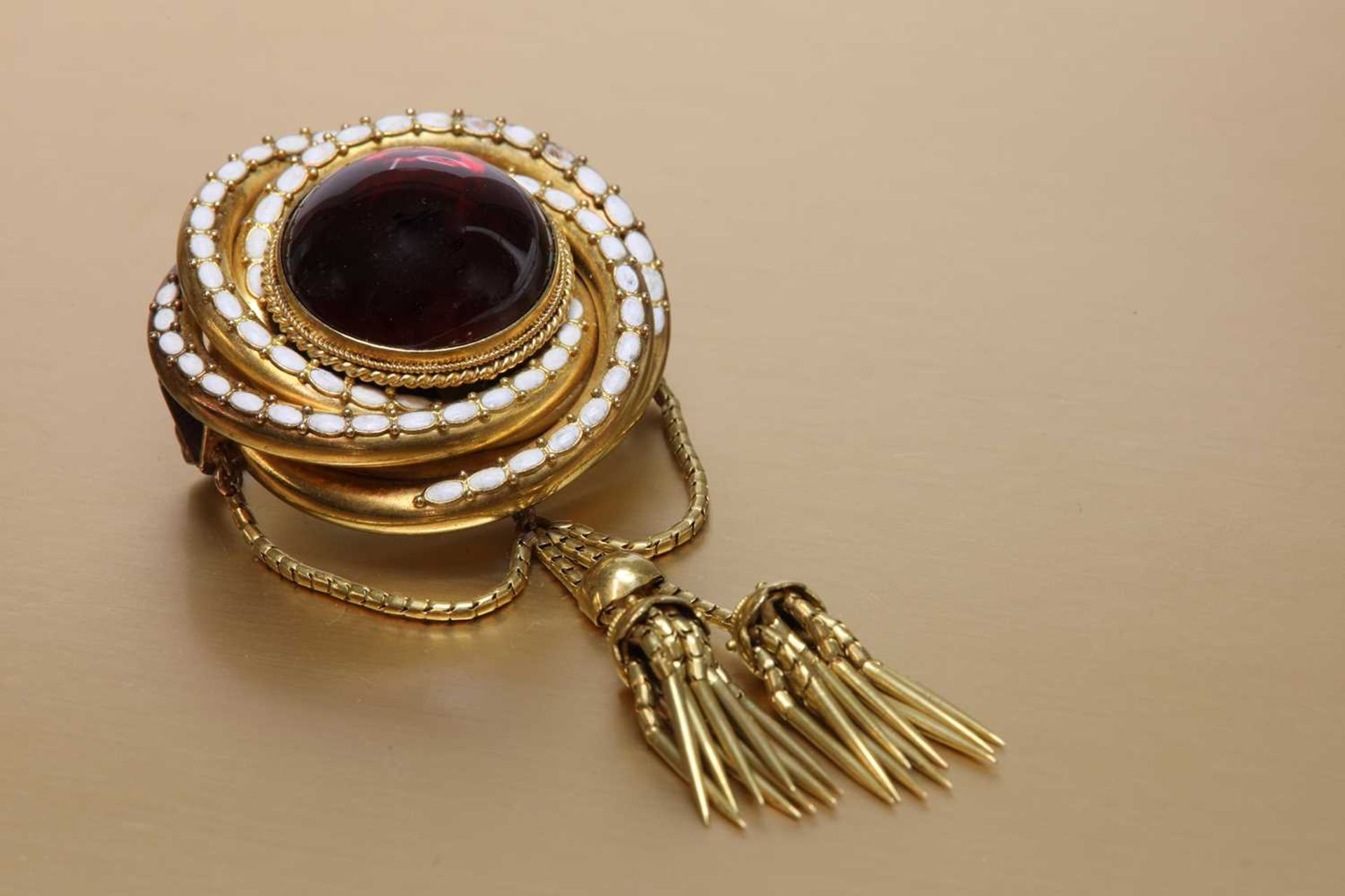A Victorian gold garnet and enamel brooch, - Image 2 of 2