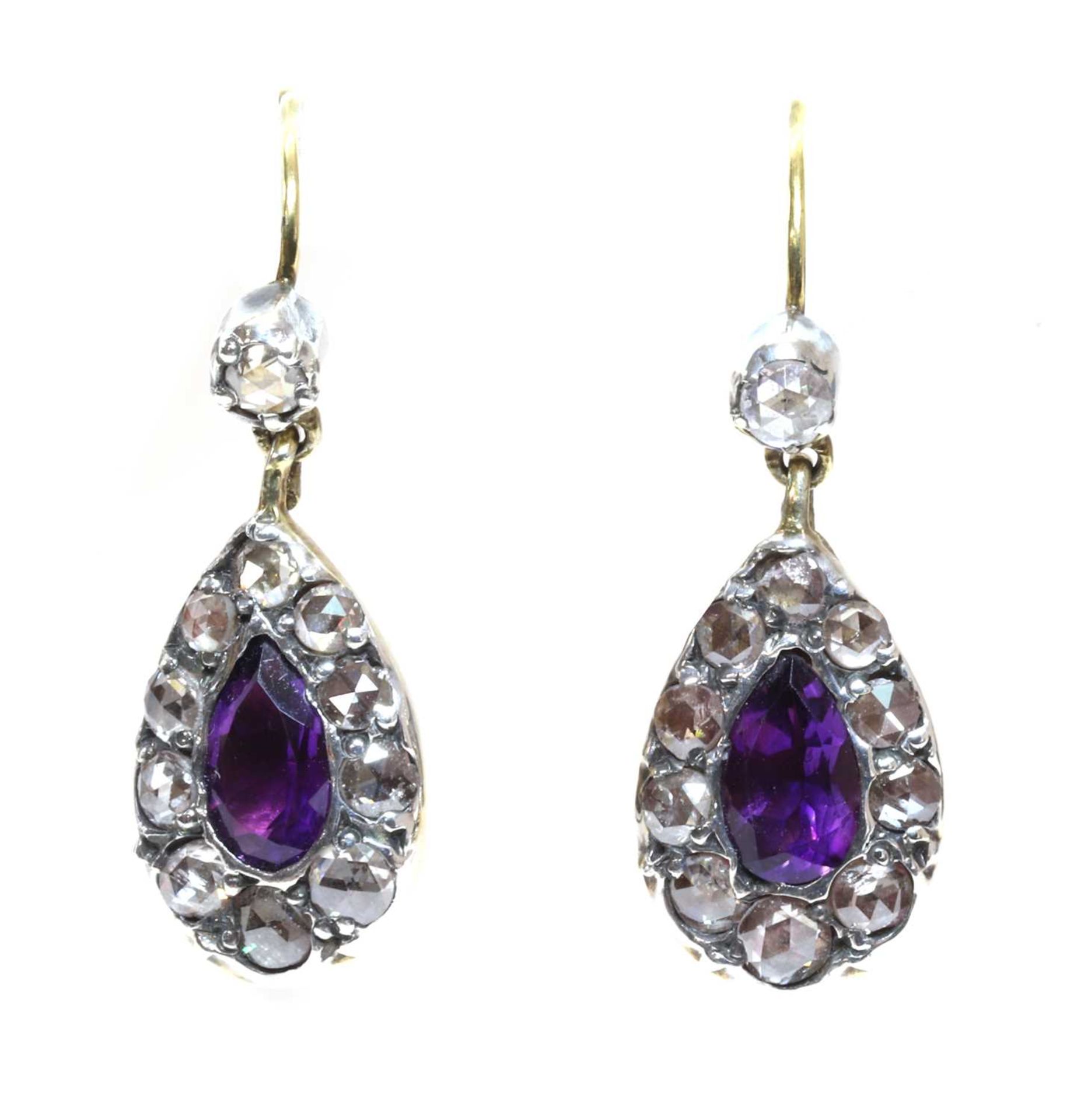 A pair of amethyst and diamond drop earrings,