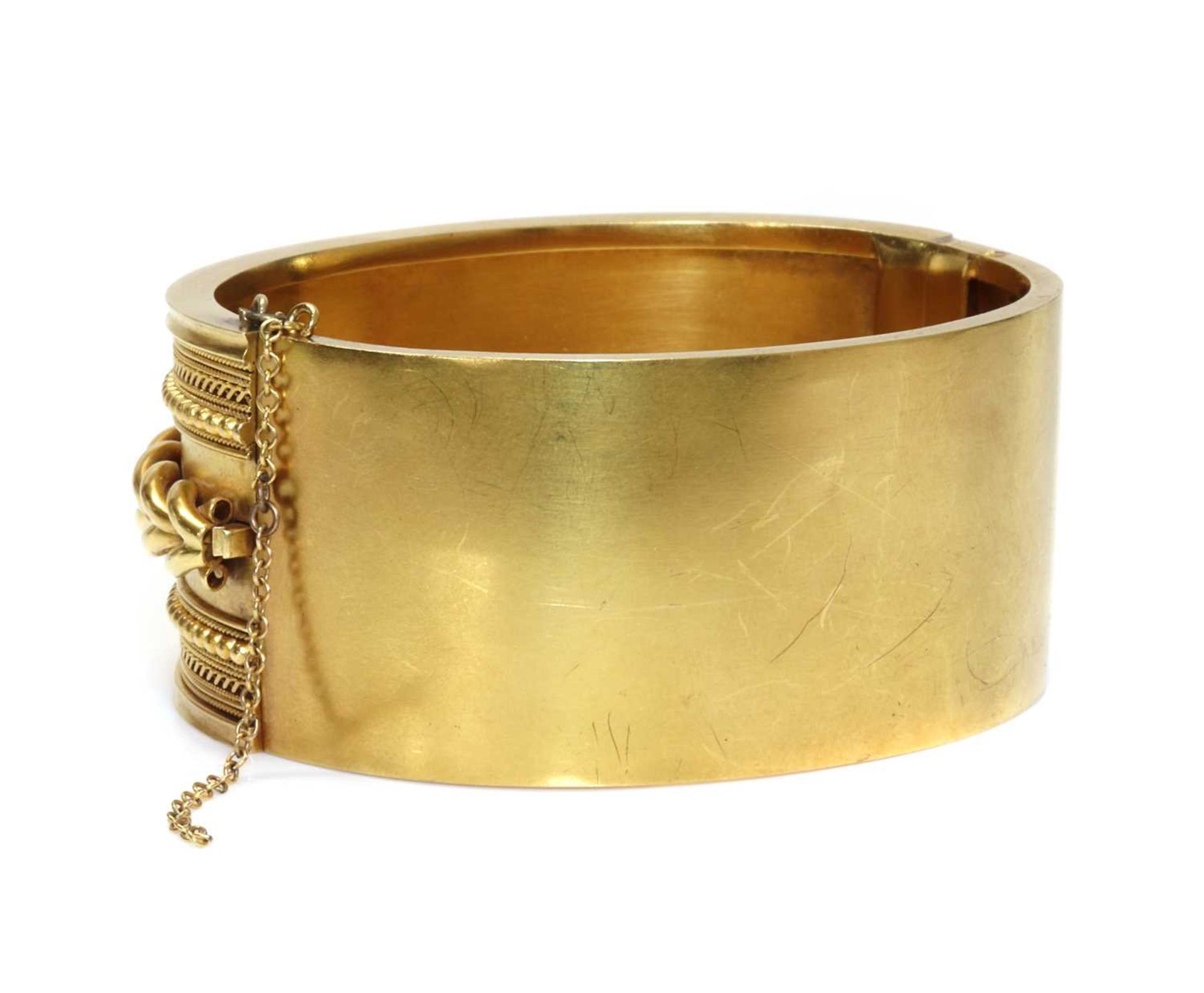 A cased Victorian gold archaeological revival, Etruscan style hinged bangle, c.1860, - Image 3 of 5