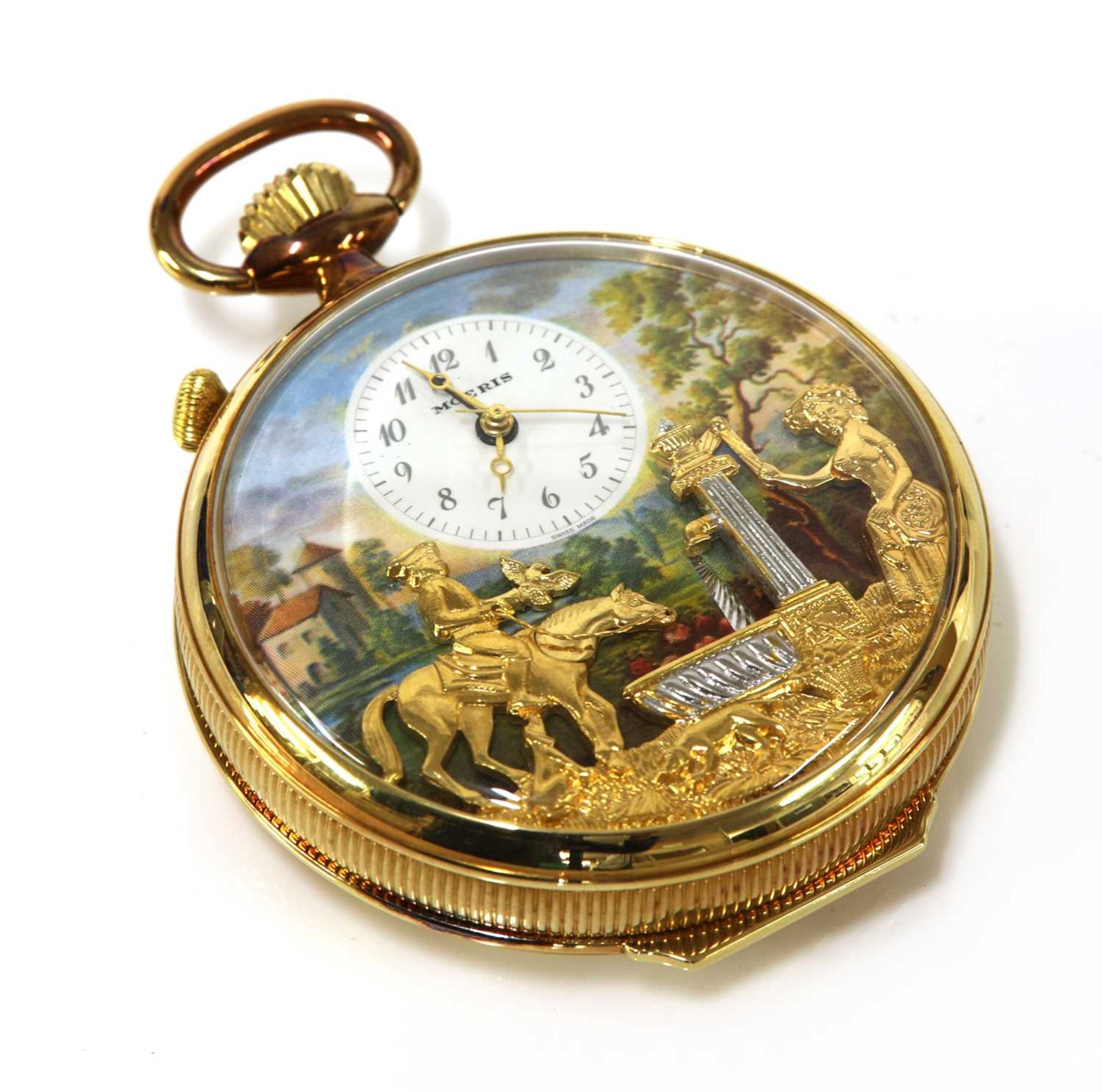 A gold-plated Moeris Reuge à Sainte-Croix musical automaton open-faced alarm top wind pocket watch,