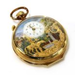 A gold-plated Moeris Reuge à Sainte-Croix musical automaton open-faced alarm top wind pocket watch,