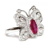 A Continental ruby and diamond butterfly ring,