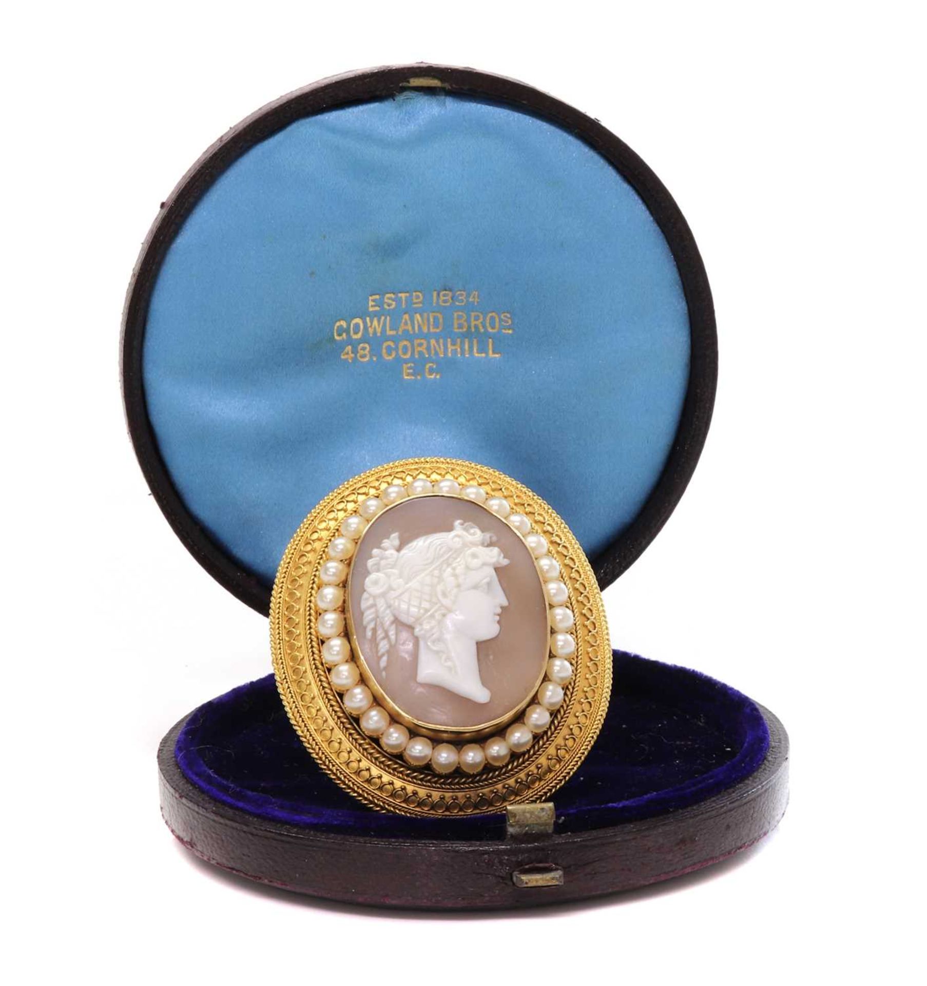 A Victorian gold archaeological revival, Etruscan style, shell cameo and split pearl brooch, c.1870, - Image 2 of 4