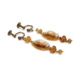 A pair of early Victorian cowry shell drop earrings,