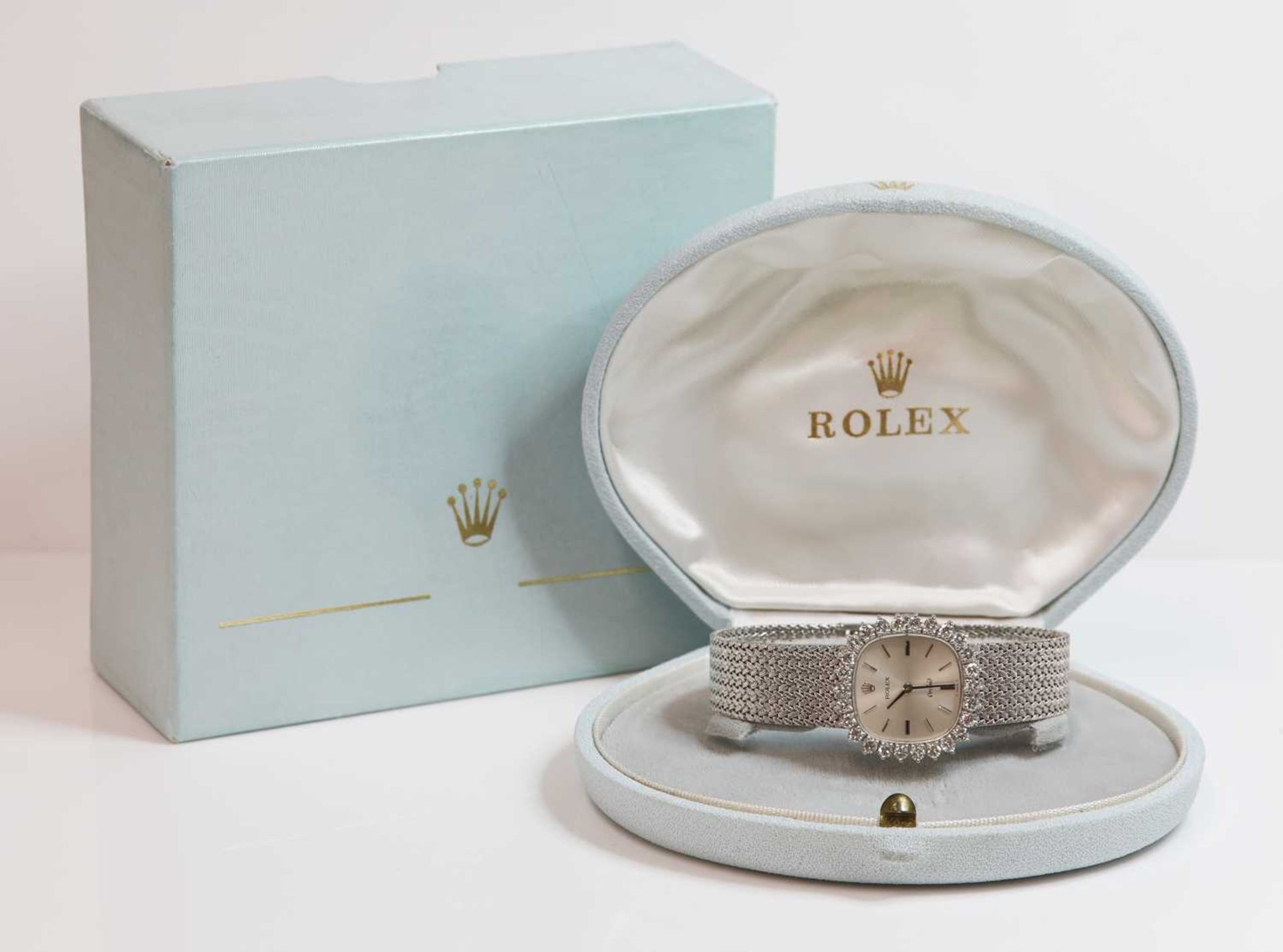 A ladies' 18ct white gold diamond set Rolex 'Orchid' mechanical bracelet watch,