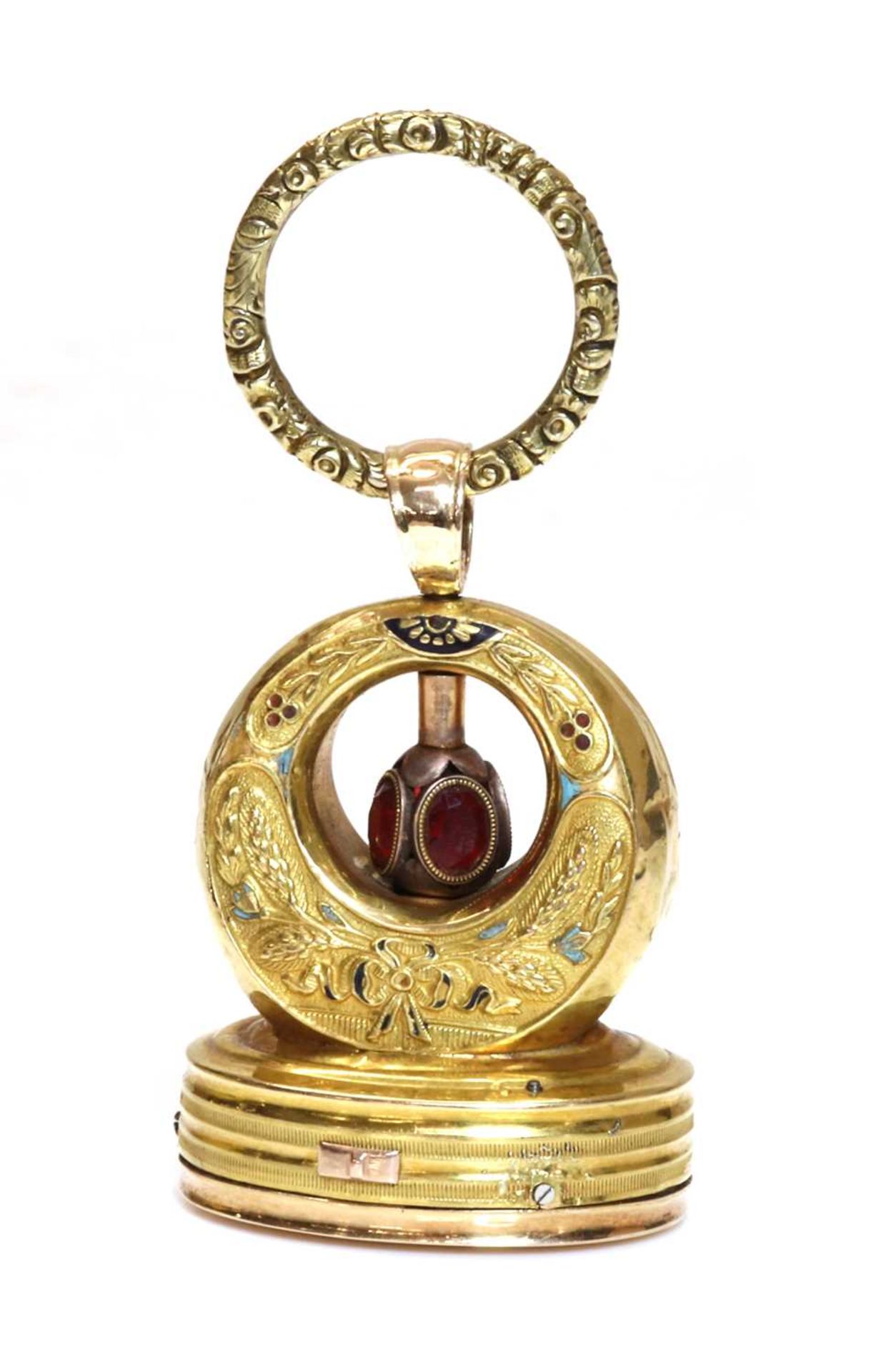 A Regency gold and enamel musical seal/fob,