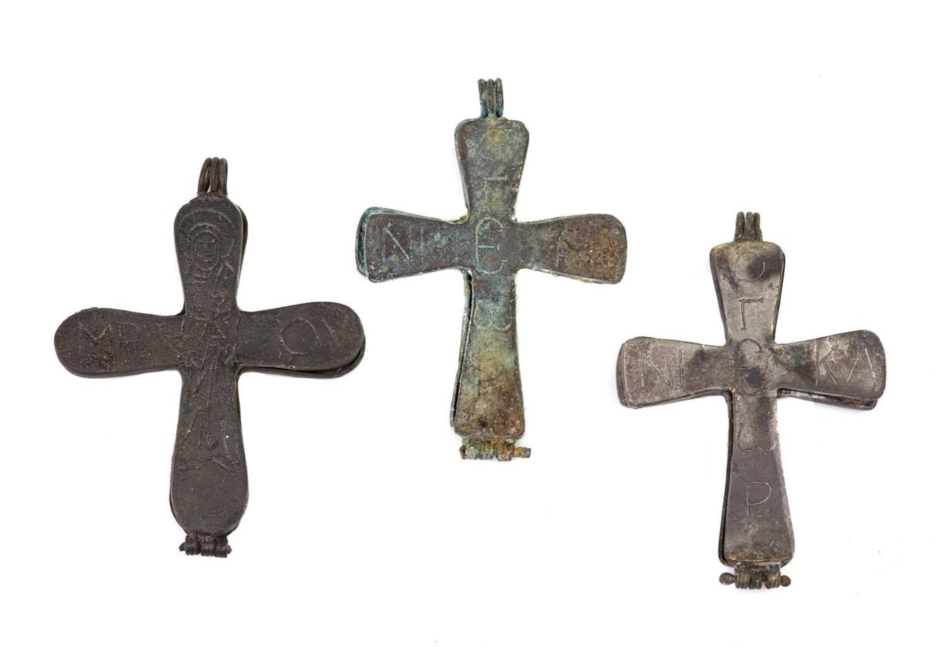 A Byzantine bronze enkolpion reliquary cross pendant, c.10th-12th century, - Image 3 of 3