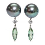 A pair of cultured Tahitian pearl and diamond drop earrings,