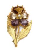 A Regency seed pearl, citrine, quartz and amethyst pansy brooch, c.1820-1830,