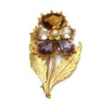 A Regency seed pearl, citrine, quartz and amethyst pansy brooch, c.1820-1830,