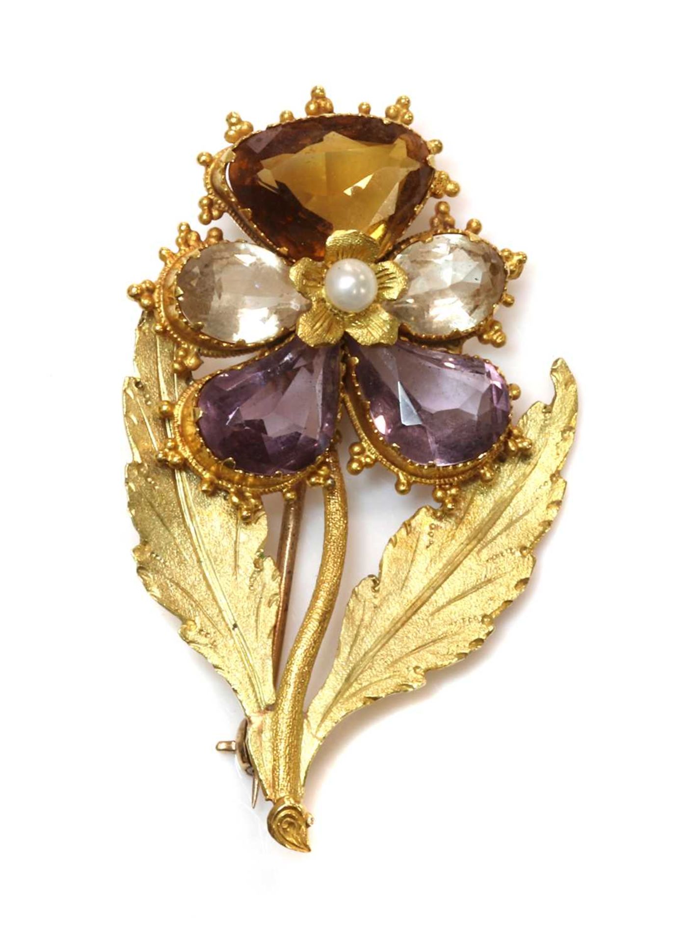 A Regency seed pearl, citrine, quartz and amethyst pansy brooch, c.1820-1830,