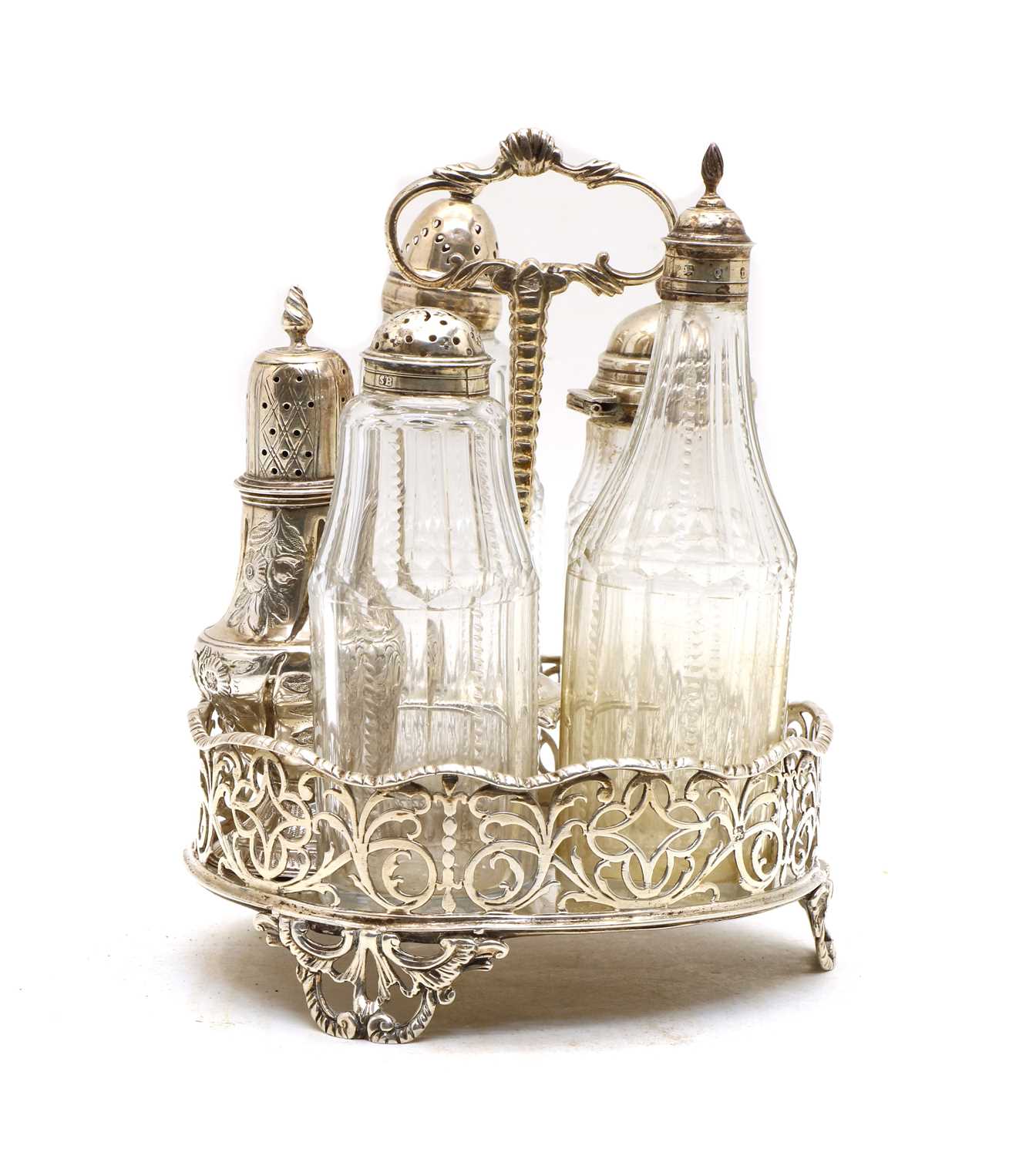 A George III and later silver cruet set, - Image 2 of 3