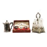 A cased silver plate three piece cruet,