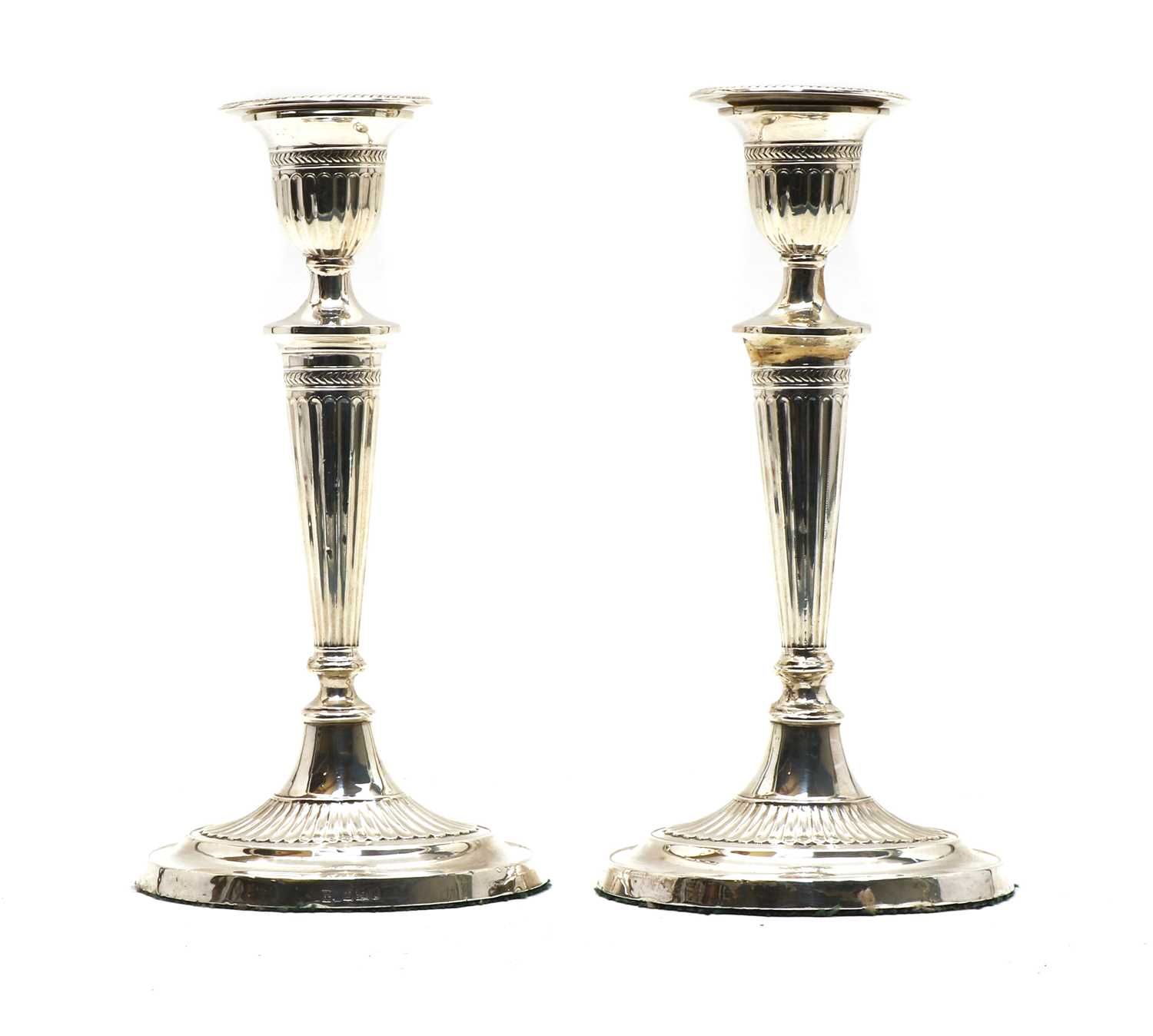 A pair of Adam revival silver candlesticks,