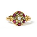 A Victorian 15ct gold split pearl and ruby cluster ring,