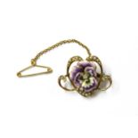 An Edwardian gold diamond, enamel and split pearl pansy brooch,